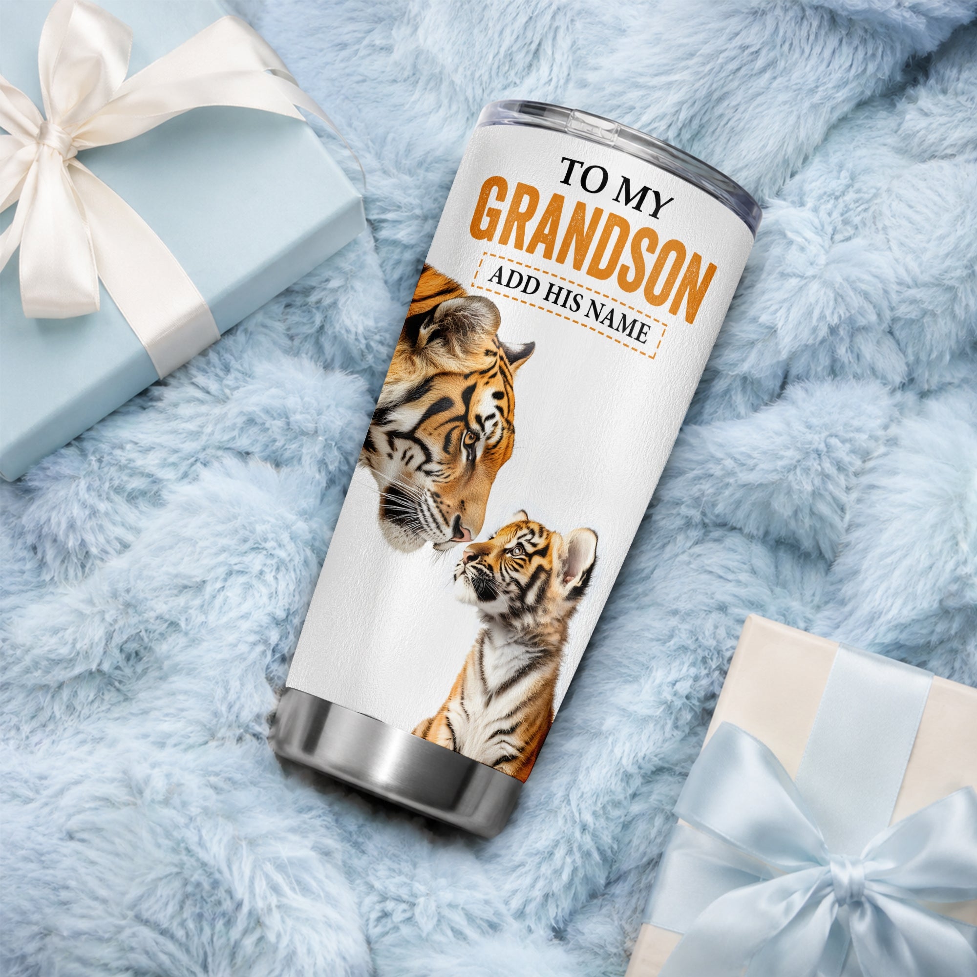 Personalized To My Grandson Gifts Tumbler From Grandma Grandpa Wherever Your Journey In Life Tiger Grandson Birthday Gifts Custom Stainless Steel Travel Mug | teecentury