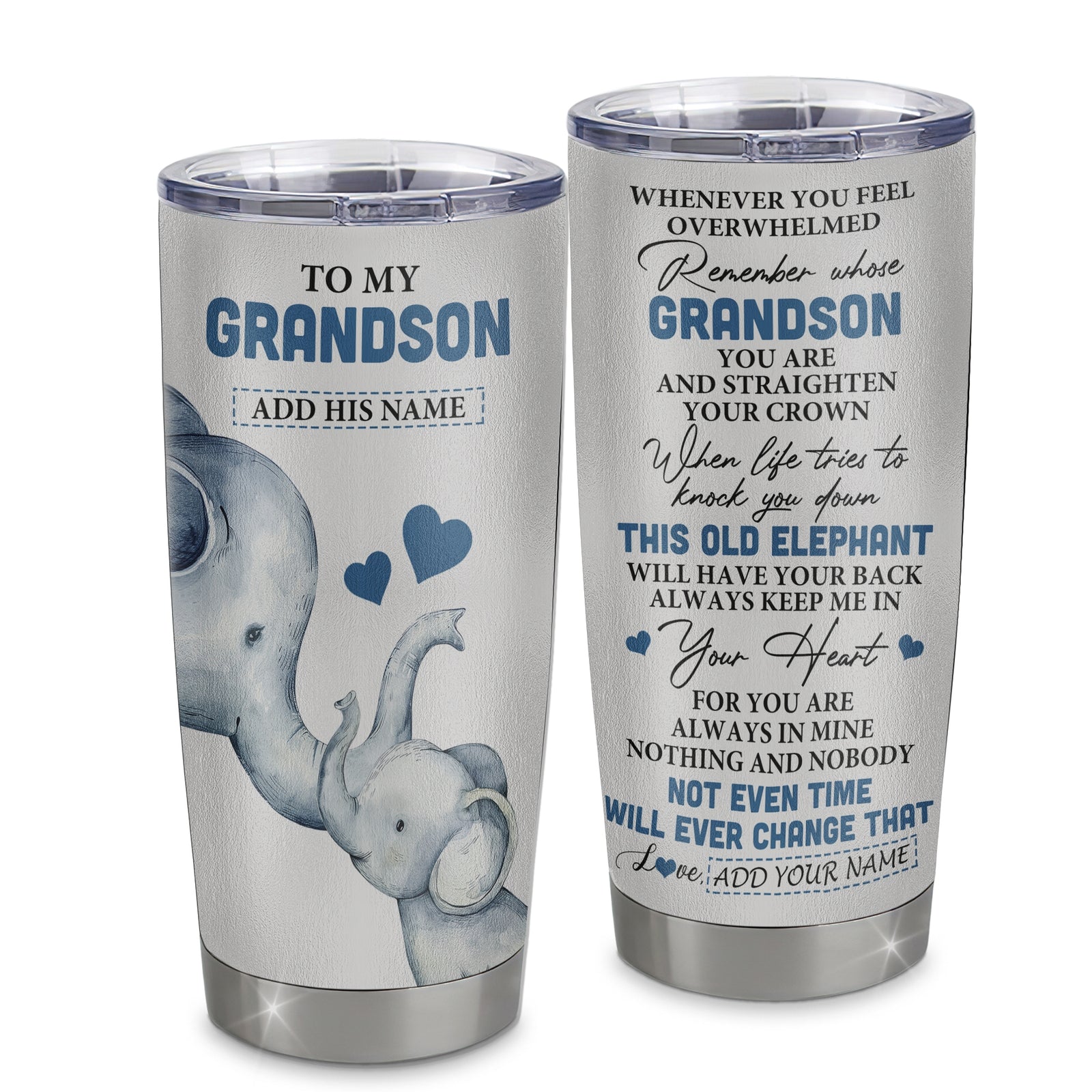 Personalized To My Grandson Gifts Tumbler From Grandma Papa Whenever Elephant Unique Birthday Gifts For Grandson Graduation Christmas Custom Stainless Steel Travel Mug | teecentury