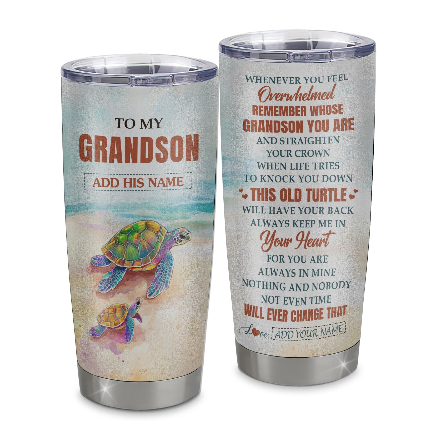 Personalized To My Grandson Gifts Tumbler From Grandma Papa Whenever Turtle Unique Birthday Gifts For Grandson Graduation Christmas Custom Stainless Steel Cup Mug | teecentury