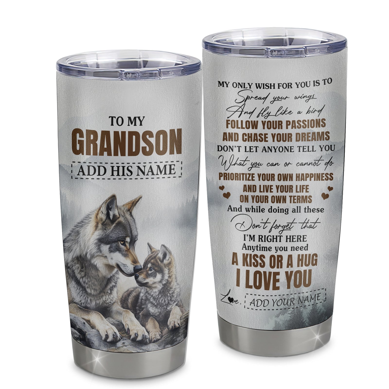 Personalized To My Grandson Gifts Tumbler From Grandma Papa Wolf My Only Wish For You Grandson Birthday Gifts Graduation Christmas Customized Stainless Steel Mug | teecentury