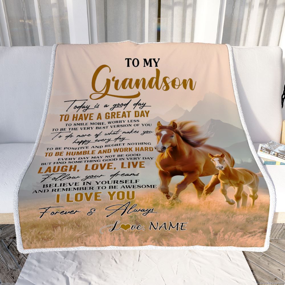 Personalized To My Grandson Horse Blanket From Grandma Grandpa Every Day Laugh Love Live Grandson Birthday Gifts Christmas Customized Fleece Throw Blanket | teecentury