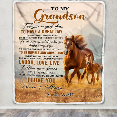 Personalized To My Grandson Horse Blanket From Grandma Grandpa Every Day Laugh Love Live Grandson Birthday Gifts Christmas Customized Fleece Throw Blanket | teecentury