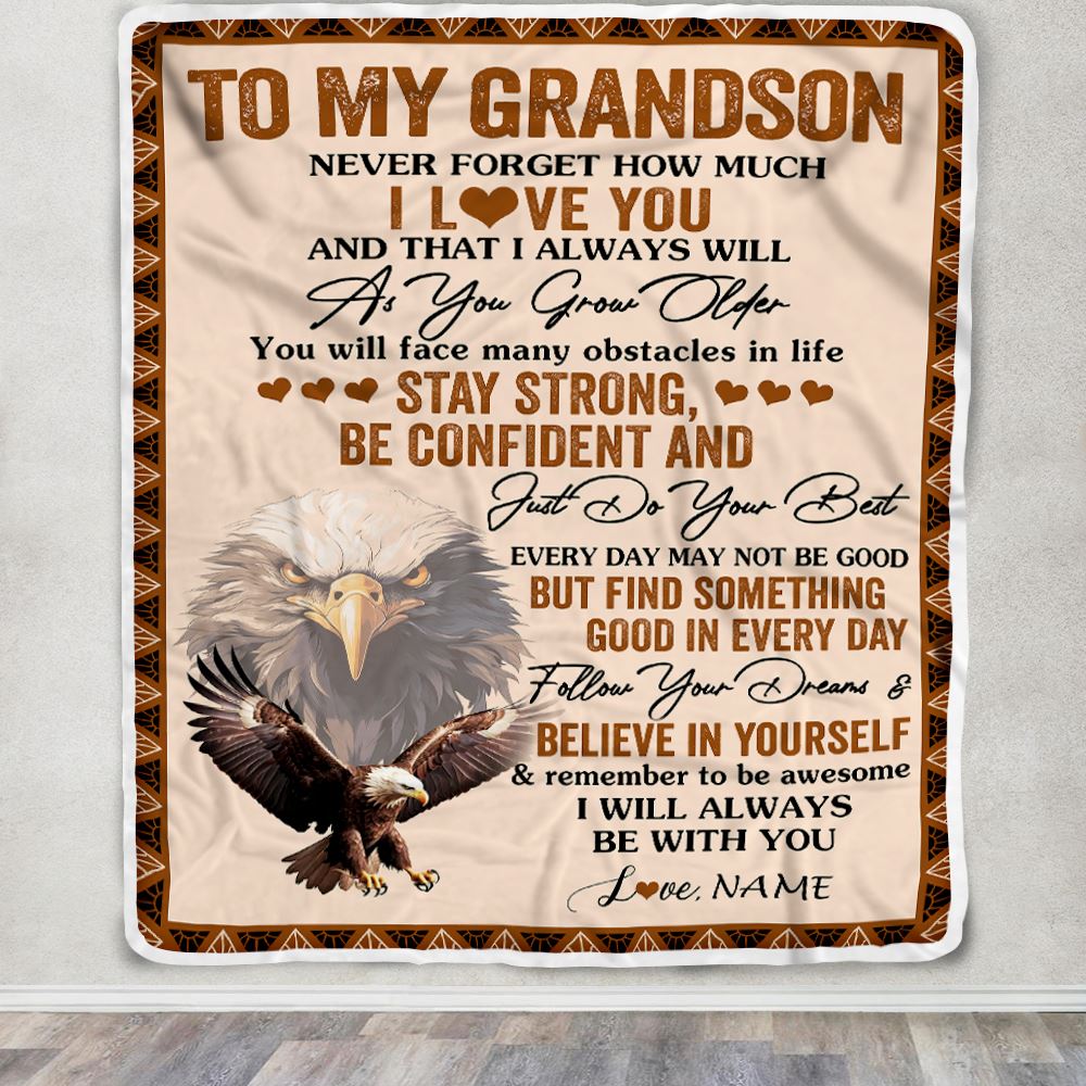 Personalized To My Grandson I Love You Forever Blanket From Grandma Grandpa Eagle Grandson Birthday Gifts Graduation Christmas Customized Fleece Throw Blanket | teecentury