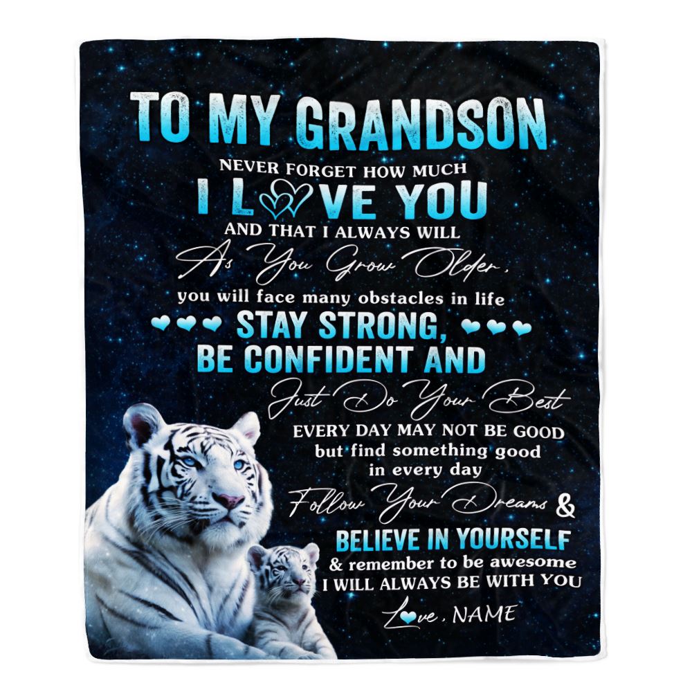 Personalized To My Grandson I Love You Forever Blanket From Grandma Grandpa White Tiger Grandson Birthday Gifts Graduation Christmas Customized Fleece Blanket | teecentury