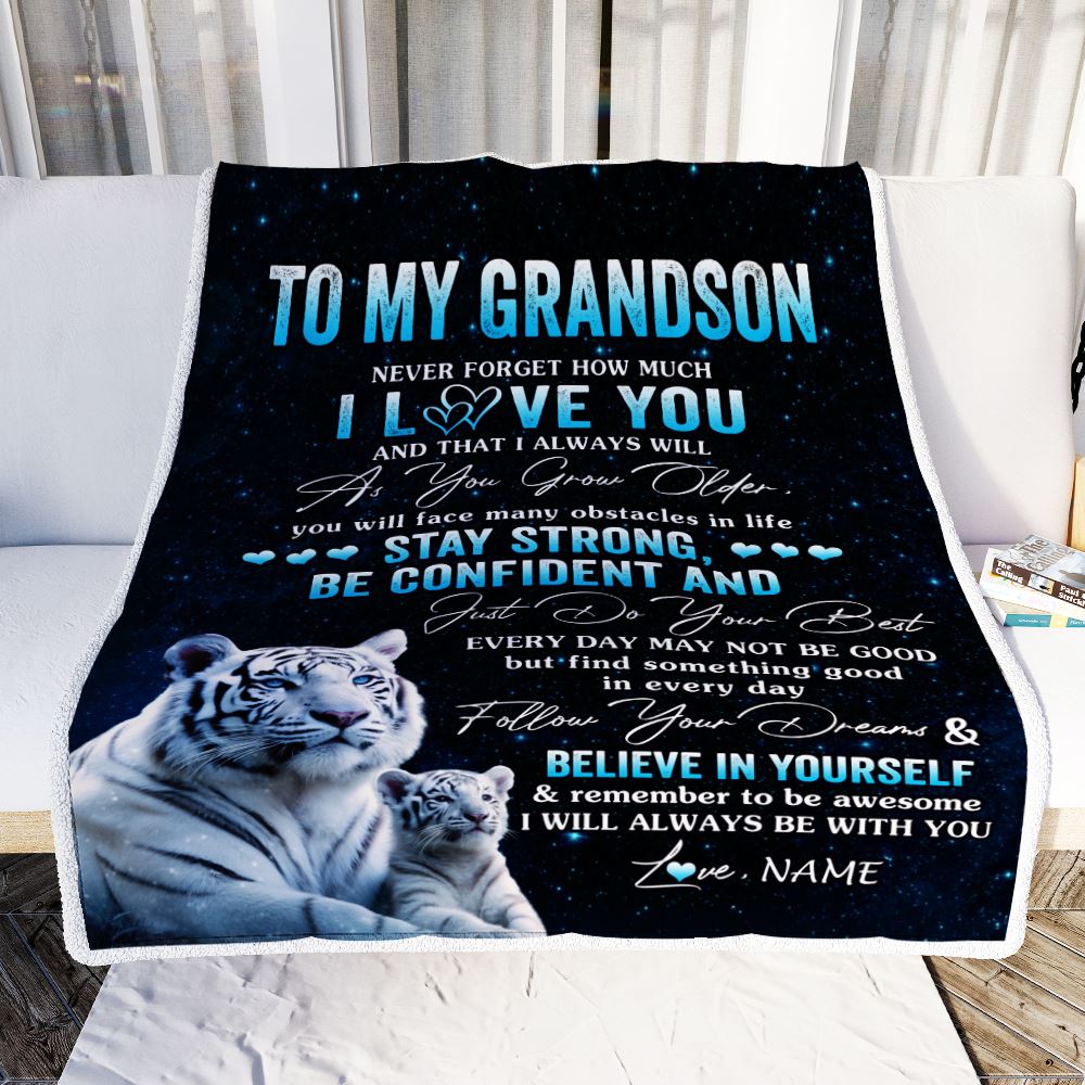 Personalized To My Grandson I Love You Forever Blanket From Grandma Grandpa White Tiger Grandson Birthday Gifts Graduation Christmas Customized Fleece Blanket | teecentury