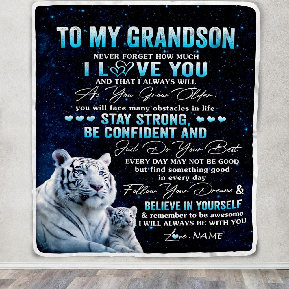 Personalized To My Grandson I Love You Forever Blanket From Grandma Grandpa White Tiger Grandson Birthday Gifts Graduation Christmas Customized Fleece Blanket | teecentury