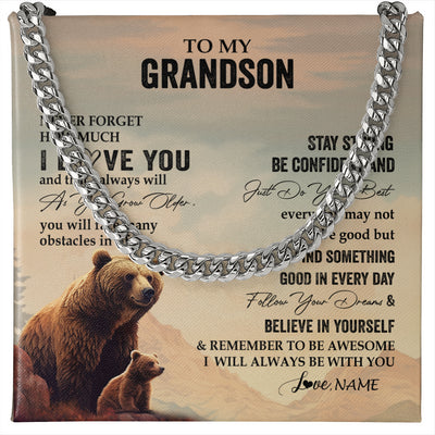 Cuban Link Chain Necklace Stainless Steel | 1 | Personalized To My Grandson I Love You Forever Necklace From Grandma Grandpa Bear Grandson Birthday Graduation Christmas Customized Gift Box Message Card | teecentury