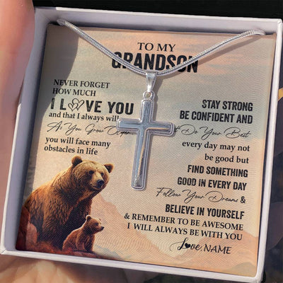 Stainless Cross Necklace Stainless Steel | 2 | Personalized To My Grandson I Love You Forever Necklace From Grandma Grandpa Bear Grandson Birthday Graduation Christmas Customized Gift Box Message Card | teecentury