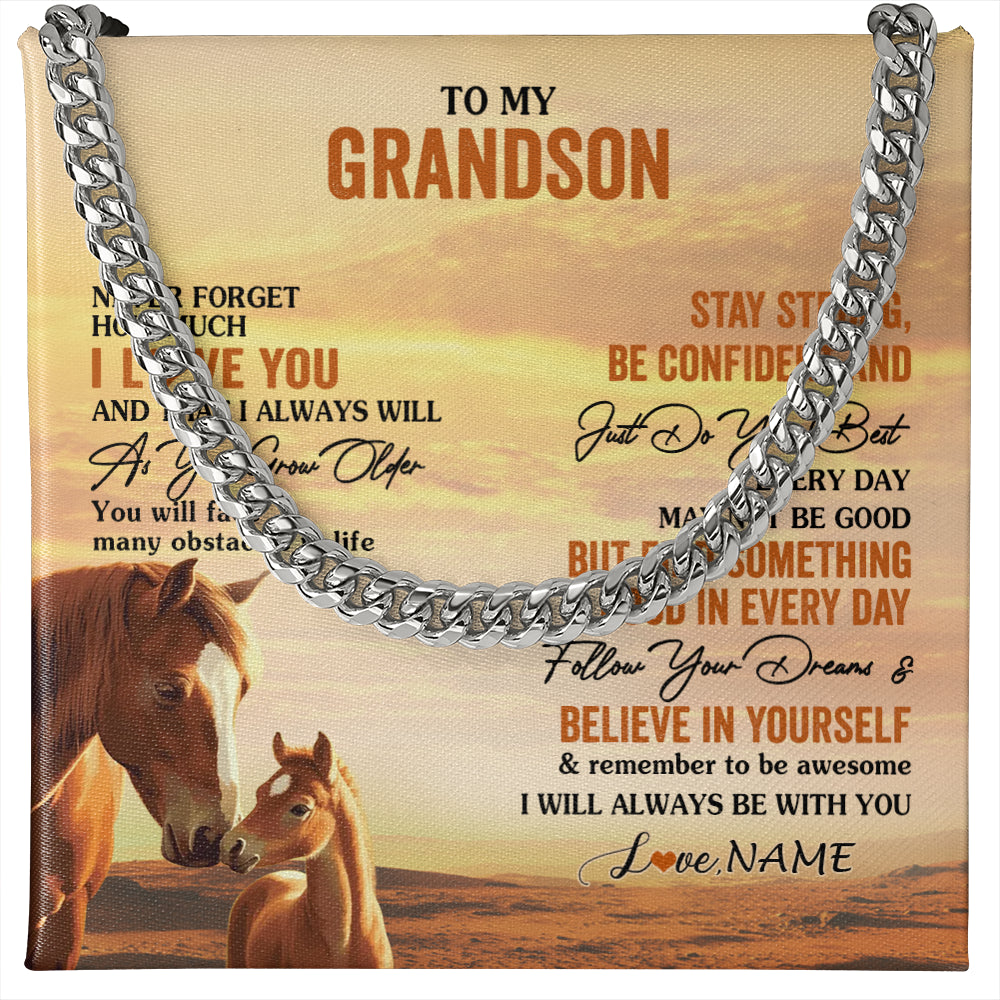 Cuban Link Chain Necklace Stainless Steel | 1 | Personalized To My Grandson I Love You Forever Necklace From Grandma Grandpa Horse Grandson Birthday Graduation Christmas Customized Gift Box Message Card | teecentury
