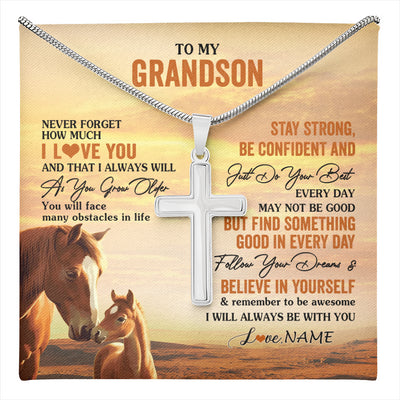 Stainless Cross Necklace Stainless Steel | 1 | Personalized To My Grandson I Love You Forever Necklace From Grandma Grandpa Horse Grandson Birthday Graduation Christmas Customized Gift Box Message Card | teecentury