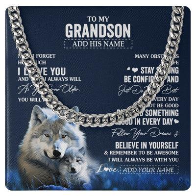 Cuban Link Chain Necklace Stainless Steel | 1 | Personalized To My Grandson I Love You Forever Necklace From Grandma Grandpa Wolf Grandson Birthday Gifts Graduation Christmas Custom Gift Box Message Card | teecentury.myshopify