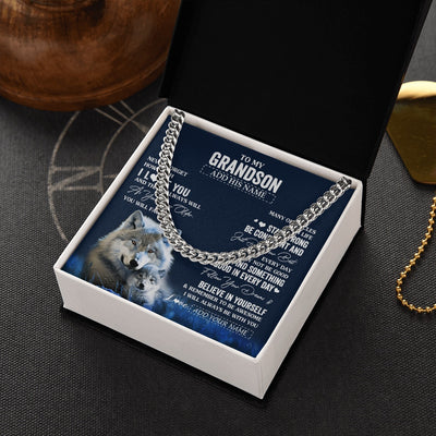 Cuban Link Chain Necklace Stainless Steel | 2 | Personalized To My Grandson I Love You Forever Necklace From Grandma Grandpa Wolf Grandson Birthday Gifts Graduation Christmas Custom Gift Box Message Card | teecentury.myshopify