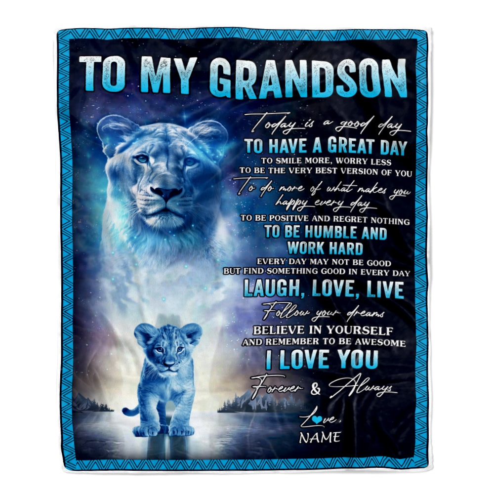 Personalized To My Grandson Lion Blanket From Grandma Gigi Every Day Laugh Love Live Grandson Birthday Graduation Christmas Customized Fleece Throw Blanket | teecentury