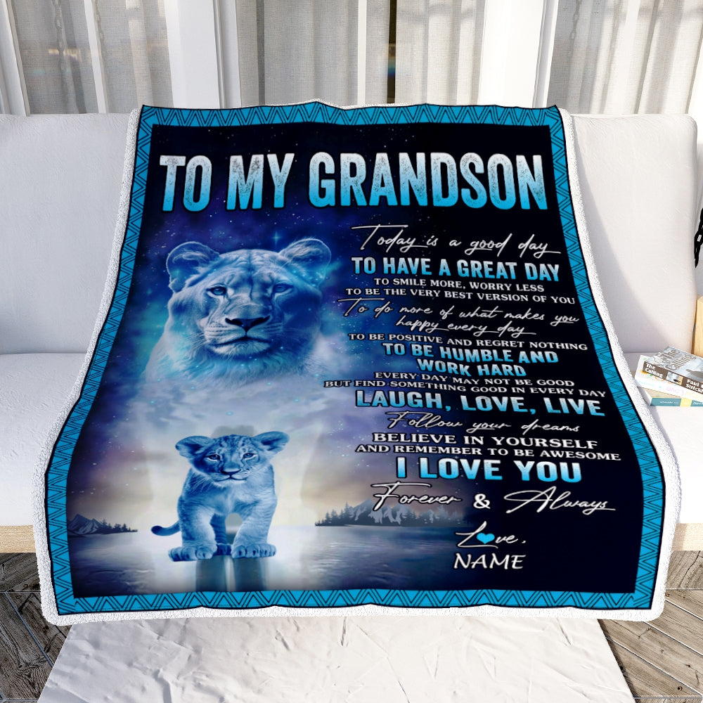 Personalized To My Grandson Lion Blanket From Grandma Gigi Every Day Laugh Love Live Grandson Birthday Graduation Christmas Customized Fleece Throw Blanket | teecentury
