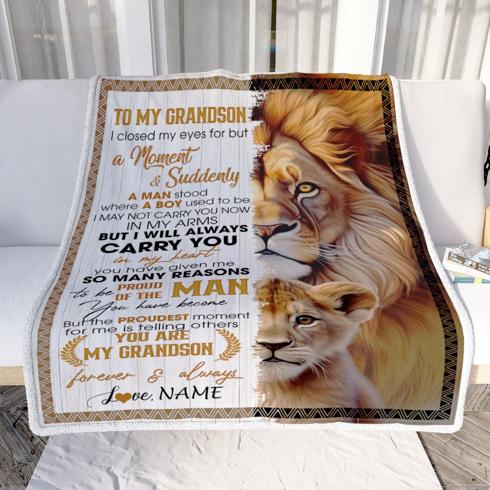Personalized To My Grandson Lion Blanket From Grandma Nana Grandpa I Closed My Eyes Great Grandson Birthday Christmas Graduation Customized Fleece Blanket Blanket | Teecentury.com