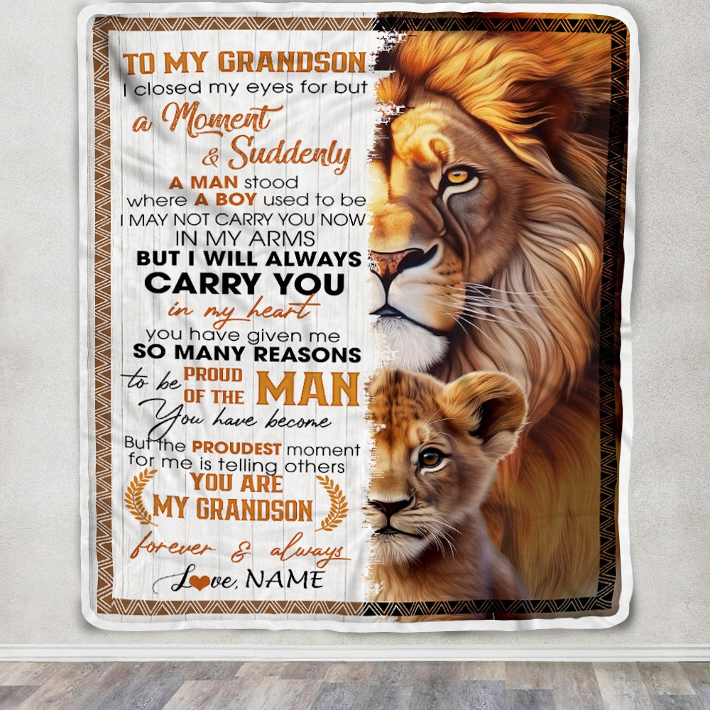 Personalized To My Grandson Lion Blanket From Grandma Nana Grandpa I Closed My Eyes Great Grandson Birthday Christmas Graduation Customized Fleece Blanket Blanket | Teecentury.com
