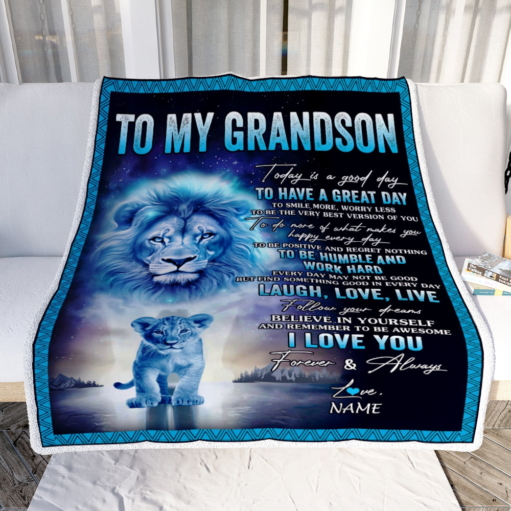 Personalized To My Grandson Lion Blanket From Papa Grandpa Every Day Laugh Love Live Grandson Birthday Graduation Christmas Customized Bed Fleece Throw Blanket | teecentury