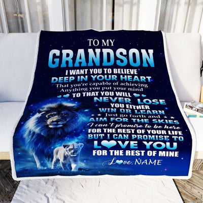 Personalized To My Grandson Lion From Grandma Papa Blanket Believe Your Heart Grandson Gift Birthday Graduation Christmas Custom Customized Fleece Blanket | teecentury