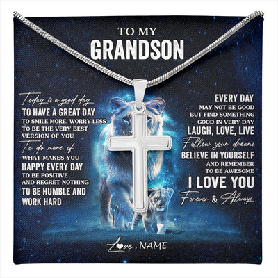 Stainless Cross Necklace Stainless Steel | 1 | Personalized To My Grandson Lion Necklace From Grandma Gigi Today Is A Good Day Grandson Gifts Birthday Graduation Christmas Customized Gift Box Message Card | teecentury