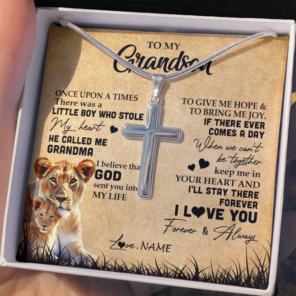 Stainless Cross Necklace | Personalized To My Grandson Lion Necklace From Grandma I'll Stay There Forever Grandson Birthday Graduation Christmas Customized Gift Box Message Card | teecentury