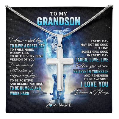 Stainless Cross Necklace Stainless Steel | 1 | Personalized To My Grandson Lion Necklace From Grandma Nana Every Day Laugh Love Live Grandson Birthday Graduation Christmas Customized Gift Box Message Card | teecentury