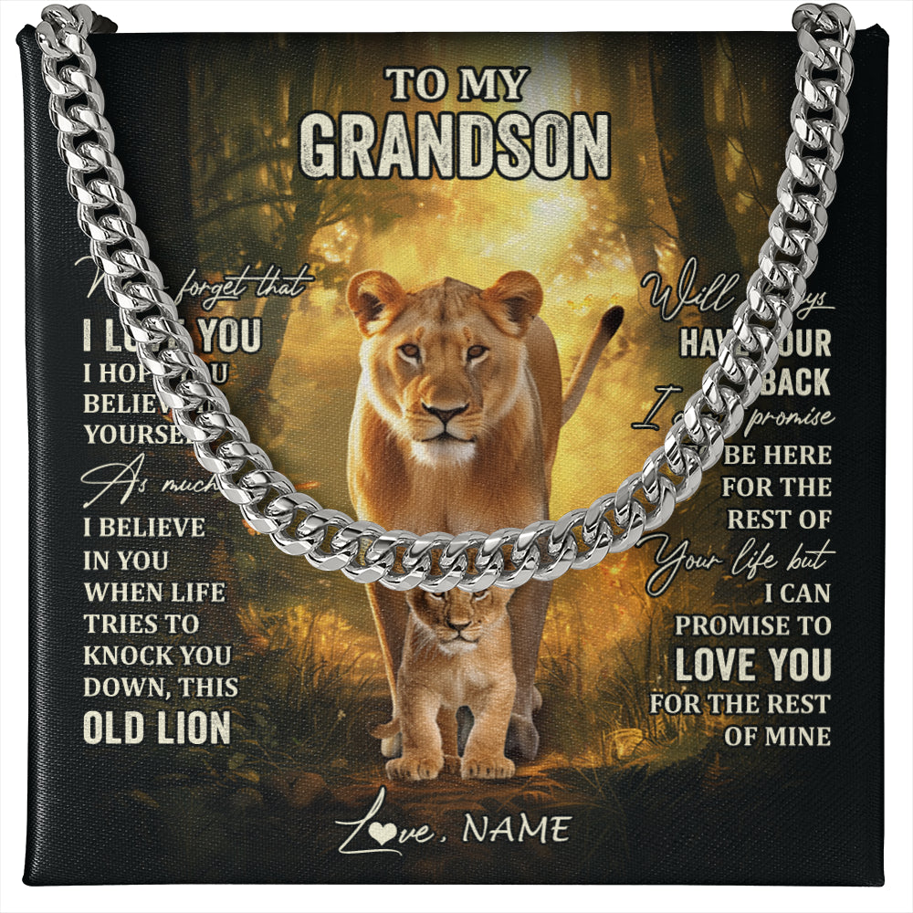 Cuban Link Chain Necklace Stainless Steel | 1 | Personalized To My Grandson Lion Necklace From Grandma Never Forget That I Love You Grandson Birthday Graduation Christmas Customized Gift Box Message Card | teecentury