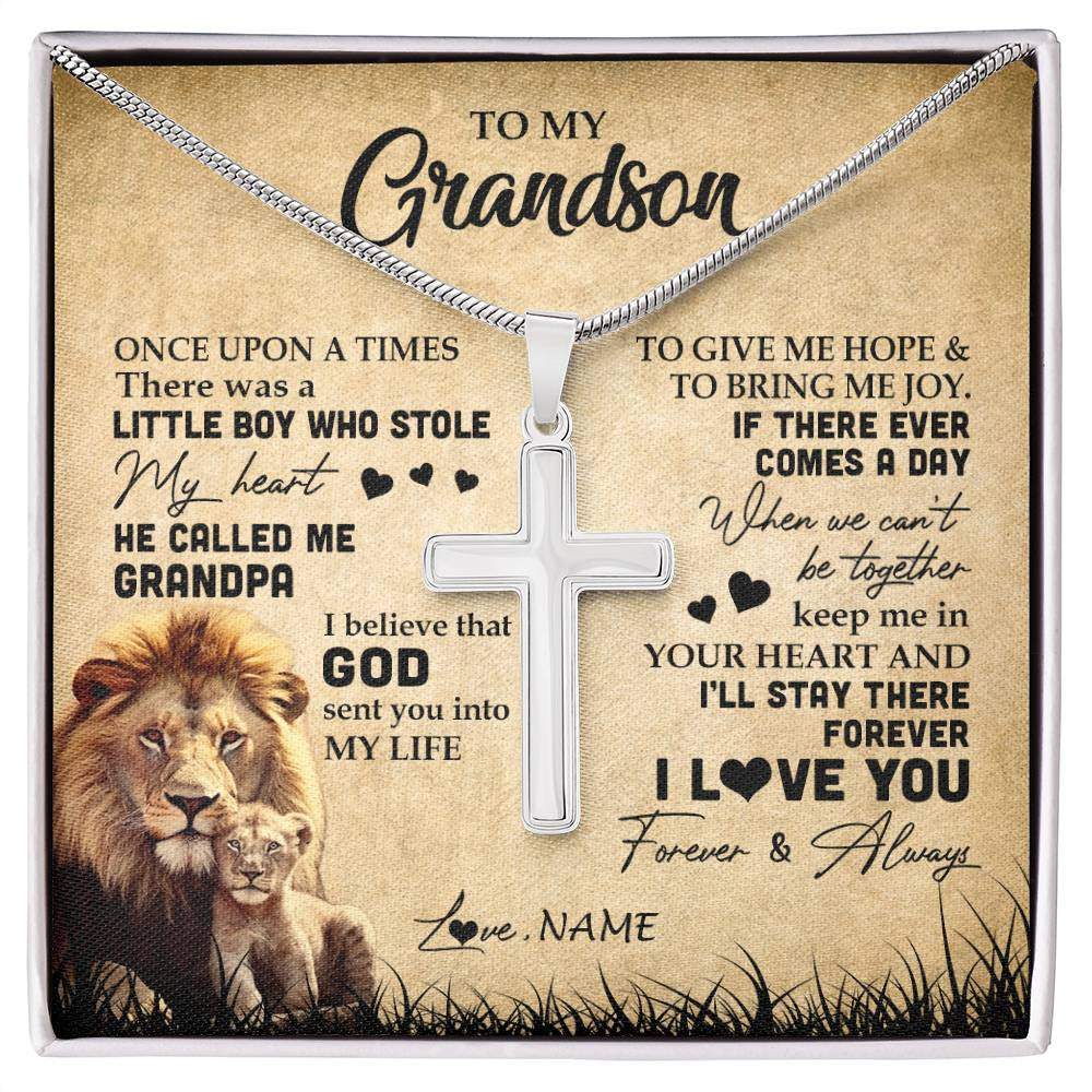 Stainless Cross Necklace | Personalized To My Grandson Lion Necklace From Grandpa I'll Stay There Forever Grandson Birthday Graduation Christmas Customized Gift Box Message Card | teecentury