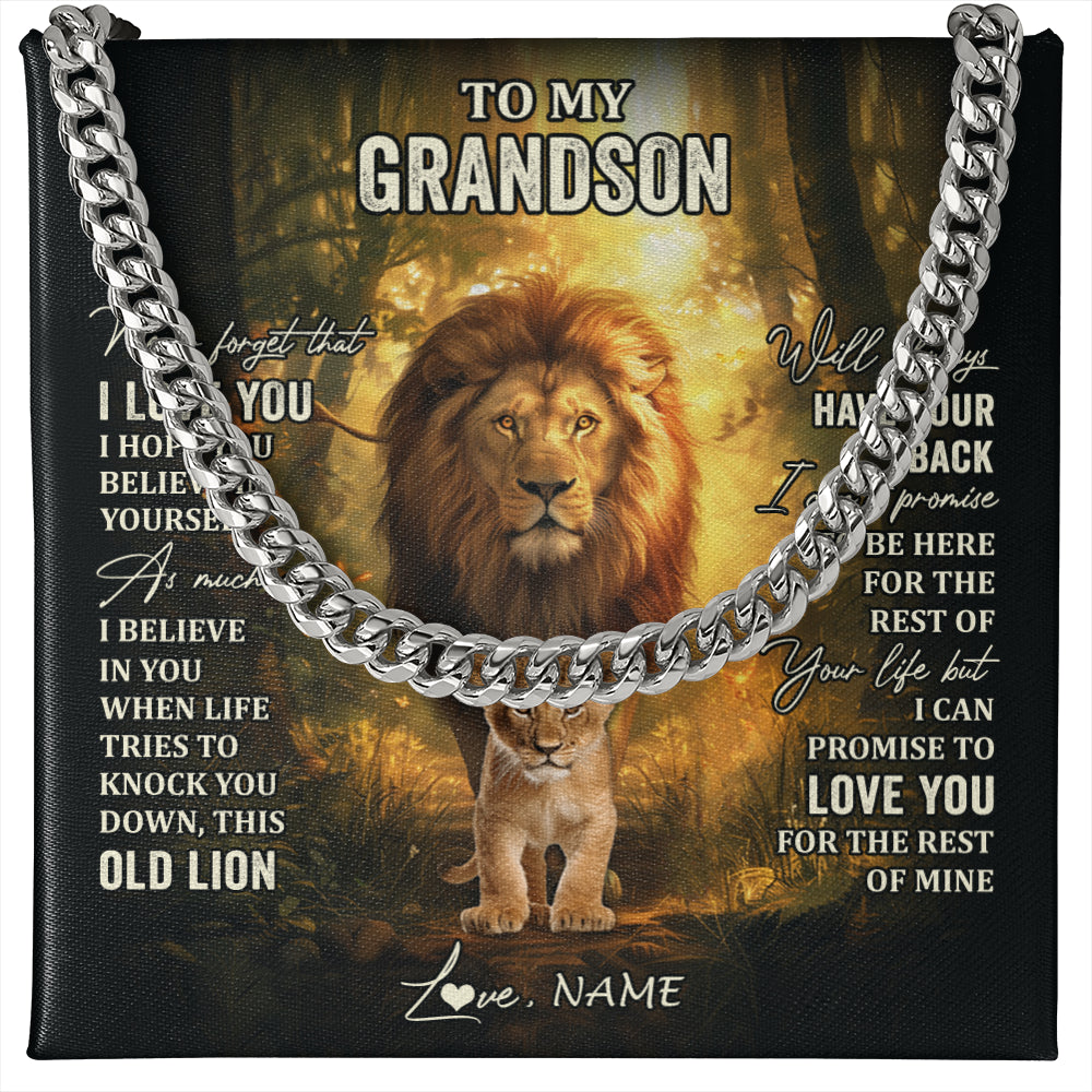 Cuban Link Chain Necklace Stainless Steel | 1 | Personalized To My Grandson Lion Necklace From Grandpa Papa Never Forget That I Love You Grandson Birthday Gifts Christmas Customized Gift Box Message Card | teecentury