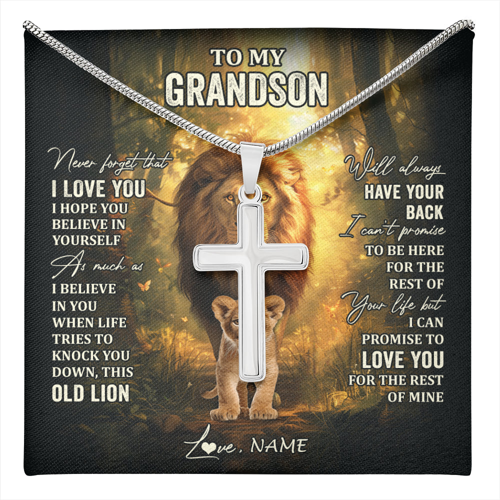 Stainless Cross Necklace Stainless Steel | 1 | Personalized To My Grandson Lion Necklace From Grandpa Papa Never Forget That I Love You Grandson Birthday Gifts Christmas Customized Gift Box Message Card | teecentury