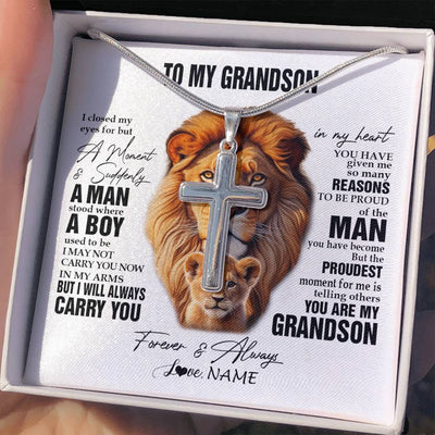 Stainless Cross Necklace Stainless Steel | 2 | Personalized To My Grandson Lion Necklace From Papa Grandpa I Closed My Eyes Great Grandson Birthday Graduation Christmas Customized Gift Box Message Card | teecentury