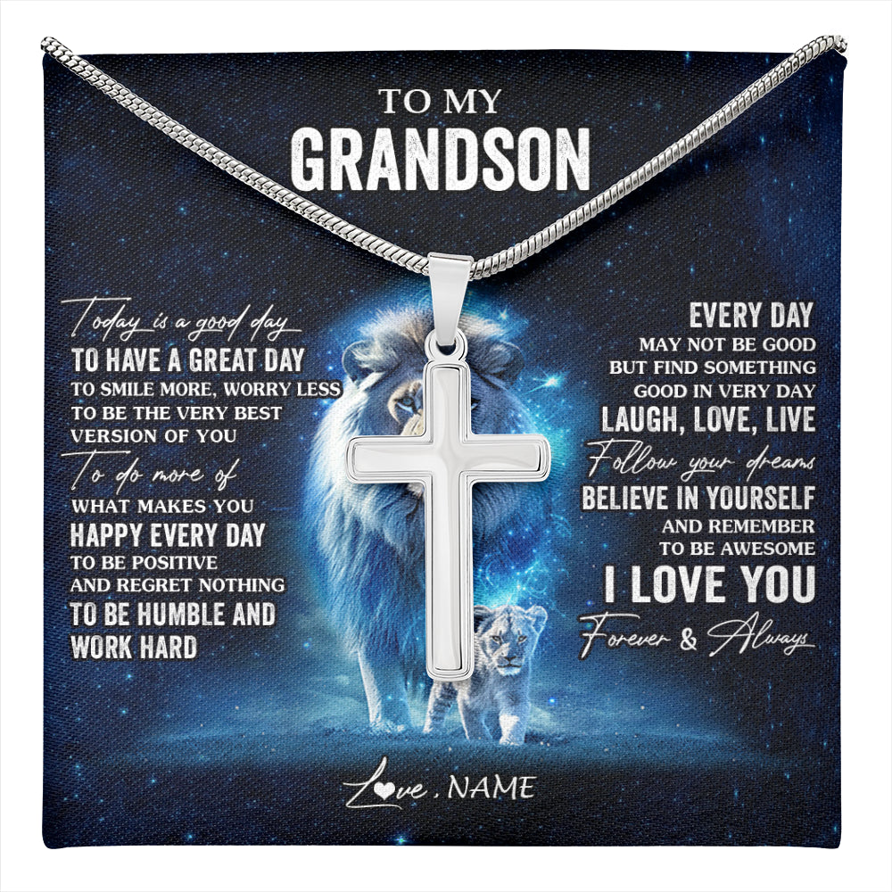 Stainless Cross Necklace Stainless Steel | 1 | Personalized To My Grandson Lion Necklace From Papa Grandpa Today Is A Good Day Grandson Gifts Birthday Graduation Christmas Customized Gift Box Message Card | teecentury