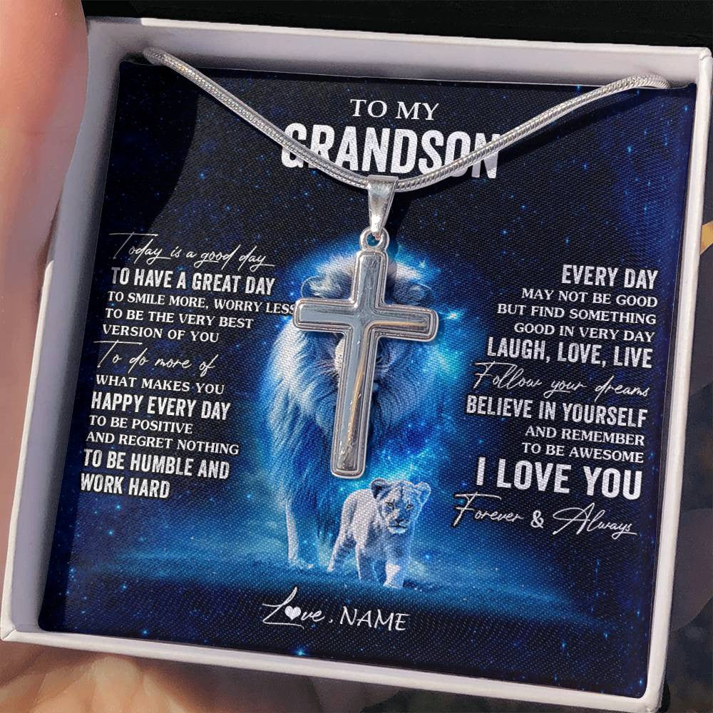 Stainless Cross Necklace Stainless Steel | 2 | Personalized To My Grandson Lion Necklace From Papa Grandpa Today Is A Good Day Grandson Gifts Birthday Graduation Christmas Customized Gift Box Message Card | teecentury