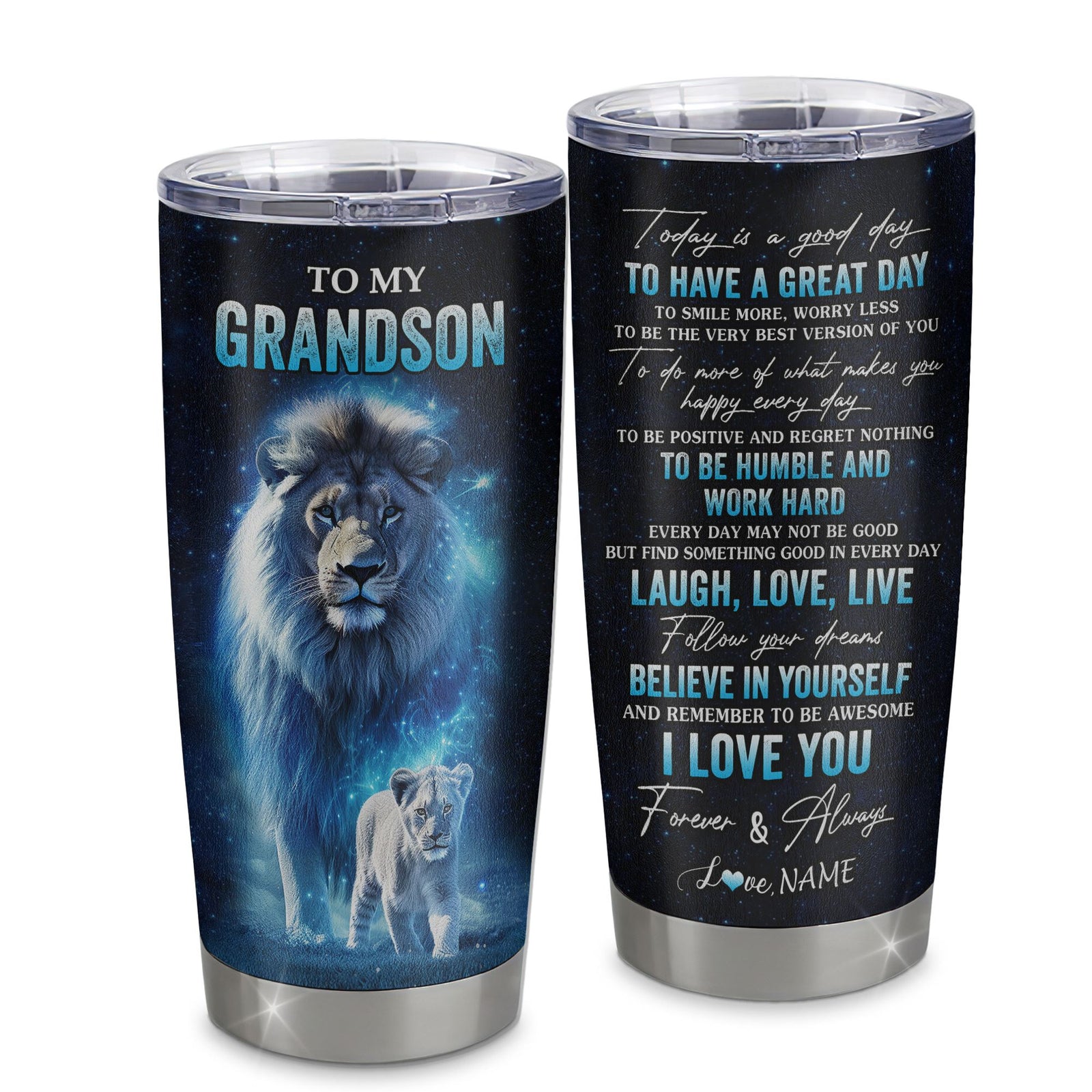 Personalized To My Grandson Lion Tumbler From Papa Grandpa Stainless Steel Cup Today Is A Good Day Grandson Gifts Birthday Graduation Christmas Custom Travel Mug | teecentury