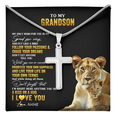 Stainless Cross Necklace Stainless Steel | 1 | Personalized To My Grandson Necklace From Grandma Grandmother Lion My Only Wish For You Grandson Birthday Christmas Customized Gift Box Message Card | teecentury