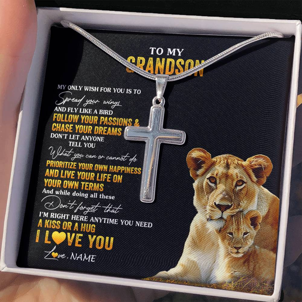 Stainless Cross Necklace Stainless Steel | 2 | Personalized To My Grandson Necklace From Grandma Grandmother Lion My Only Wish For You Grandson Birthday Christmas Customized Gift Box Message Card | teecentury