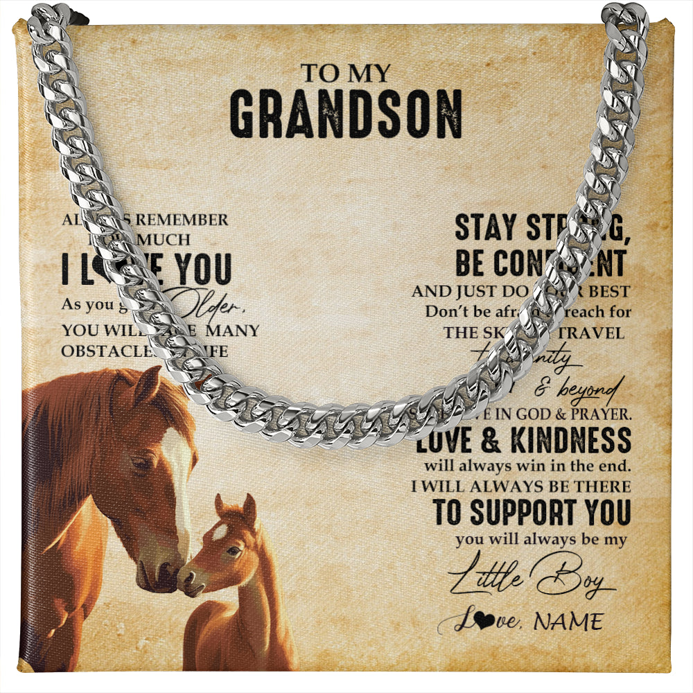 Cuban Link Chain Necklace Stainless Steel | 1 | Personalized To My Grandson Necklace From Grandma Grandpa Always Remember I Love You Horse Grandson Birthday Gifts Christmas Customized Gift Box Message Card | teecentury
