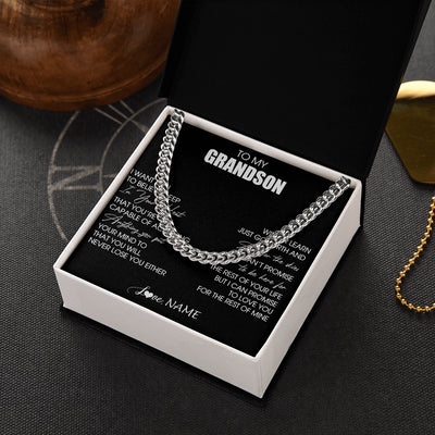 Cuban Link Chain Necklace Stainless Steel | 2 | Personalized To My Grandson Necklace From Grandma Grandpa Believe Deep In Your Heart Grandson Birthday Jewelry For Men Customized Gift Box Message Card | teecentury