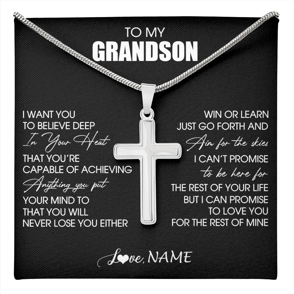 Stainless Cross Necklace Stainless Steel | 1 | Personalized To My Grandson Necklace From Grandma Grandpa Believe Deep In Your Heart Grandson Birthday Jewelry For Men Customized Gift Box Message Card | teecentury