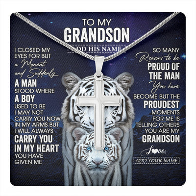 Stainless Cross Necklace Stainless Steel | 1 | Personalized To My Grandson Necklace From Grandma Grandpa I Close My Eyes White Tiger Grandson Birthday Gift Graduation Christmas Jewelry Gift Box Message Card | https://teecentury.