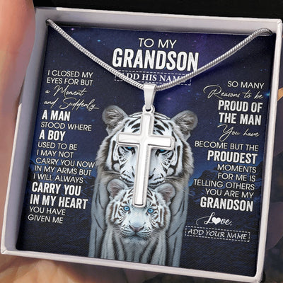 Stainless Cross Necklace Stainless Steel | 2 | Personalized To My Grandson Necklace From Grandma Grandpa I Close My Eyes White Tiger Grandson Birthday Gift Graduation Christmas Jewelry Gift Box Message Card | https://teecentury.