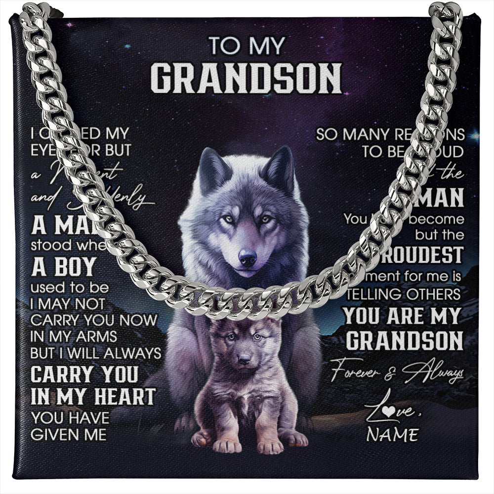 Cuban Link Chain Necklace Stainless Steel | 1 | Personalized To My Grandson Necklace From Grandma Grandpa I Close My Eyes Wolf Grandson Birthday Gifts Graduation Christmas Customized Gift Box Message Card | teecentury