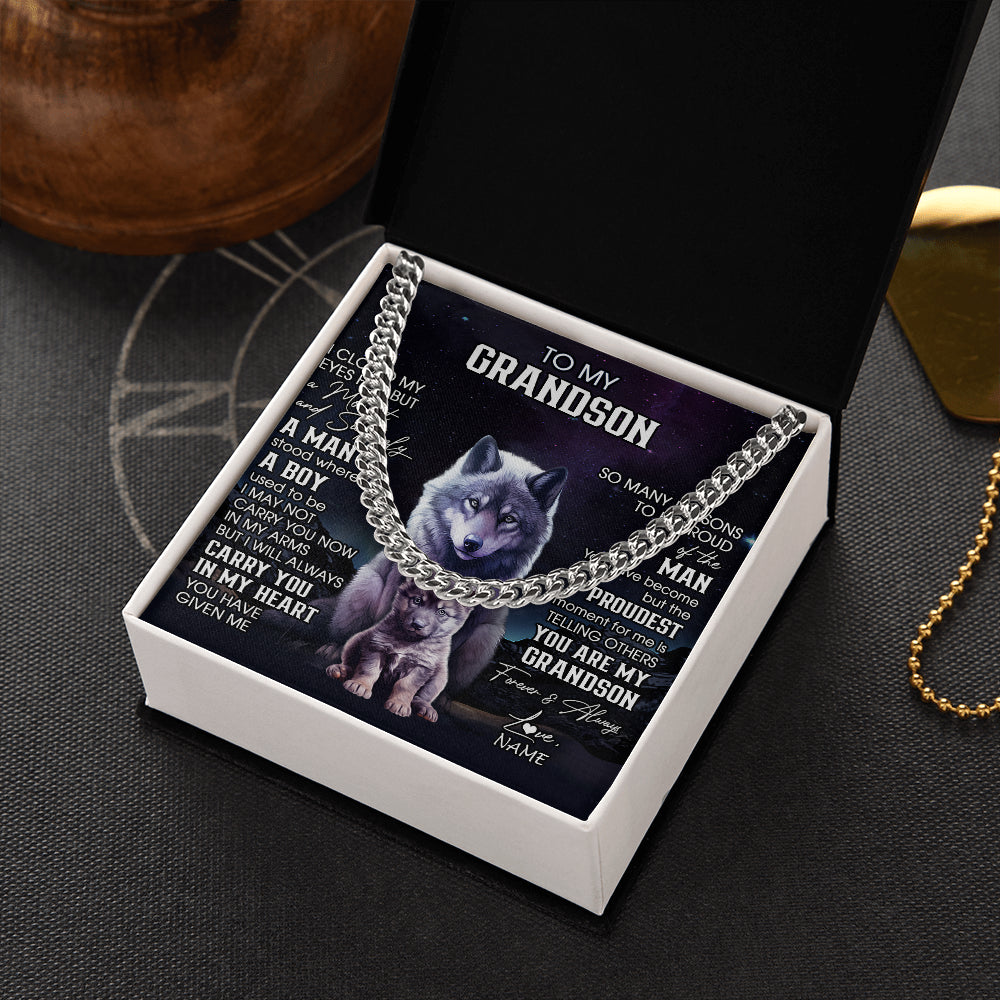 Cuban Link Chain Necklace Stainless Steel | 2 | Personalized To My Grandson Necklace From Grandma Grandpa I Close My Eyes Wolf Grandson Birthday Gifts Graduation Christmas Customized Gift Box Message Card | teecentury