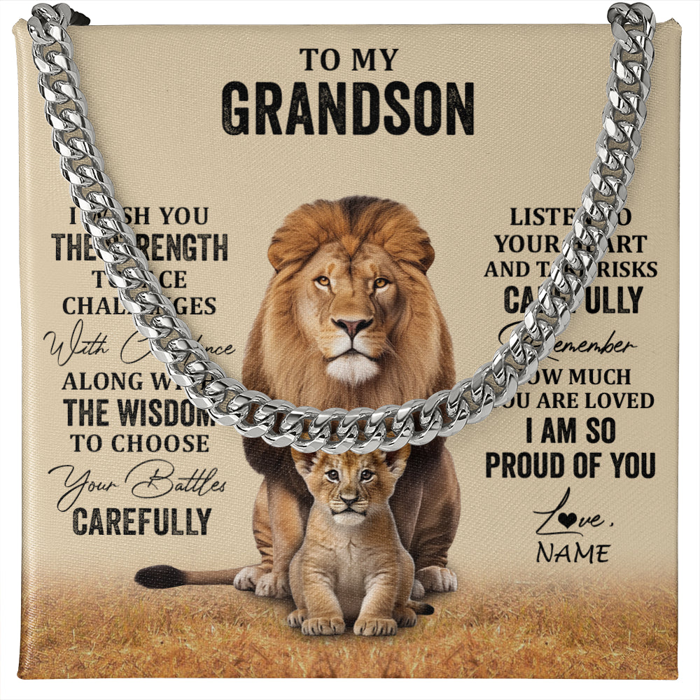 Cuban Link Chain Necklace Stainless Steel | 1 | Personalized To My Grandson Necklace From Grandma Grandpa I Wish You The Strength Lion Grandson Birthday Graduation Christmas Customized Gift Box Message Card | teecentury