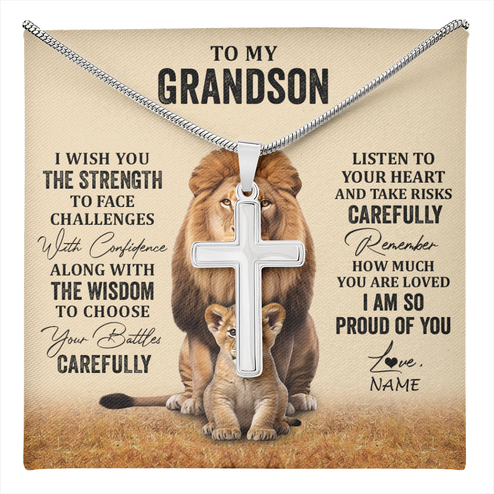 Stainless Cross Necklace Stainless Steel | 1 | Personalized To My Grandson Necklace From Grandma Grandpa I Wish You The Strength Lion Grandson Birthday Graduation Christmas Customized Gift Box Message Card | teecentury