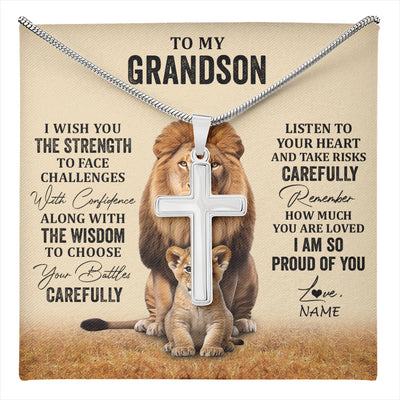 Stainless Cross Necklace Stainless Steel | 1 | Personalized To My Grandson Necklace From Grandma Grandpa I Wish You The Strength Lion Grandson Birthday Graduation Christmas Customized Gift Box Message Card | teecentury