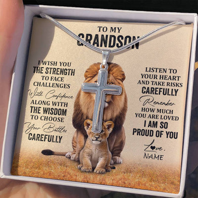 Stainless Cross Necklace Stainless Steel | 2 | Personalized To My Grandson Necklace From Grandma Grandpa I Wish You The Strength Lion Grandson Birthday Graduation Christmas Customized Gift Box Message Card | teecentury