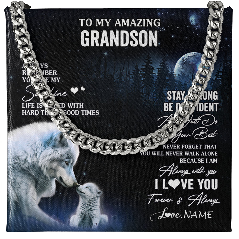 Cuban Link Chain Necklace Stainless Steel | 1 | Personalized To My Grandson Necklace From Grandma Grandpa Moon Wolf Grandson Birthday Gifts Graduation Christmas Customized Gift Box Message Card | teecentury