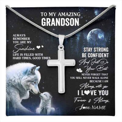 Stainless Cross Necklace Stainless Steel | 1 | Personalized To My Grandson Necklace From Grandma Grandpa Moon Wolf Grandson Birthday Gifts Graduation Christmas Customized Gift Box Message Card | teecentury