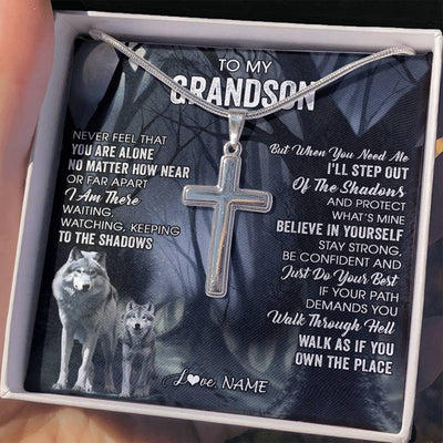 Stainless Cross Necklace Stainless Steel | 2 | Personalized To My Grandson Necklace From Grandma Grandpa Never Feel That You Are Alone Wolf Grandson Birthday Gifts Christmas Customized Gift Box Message Card | teecentury