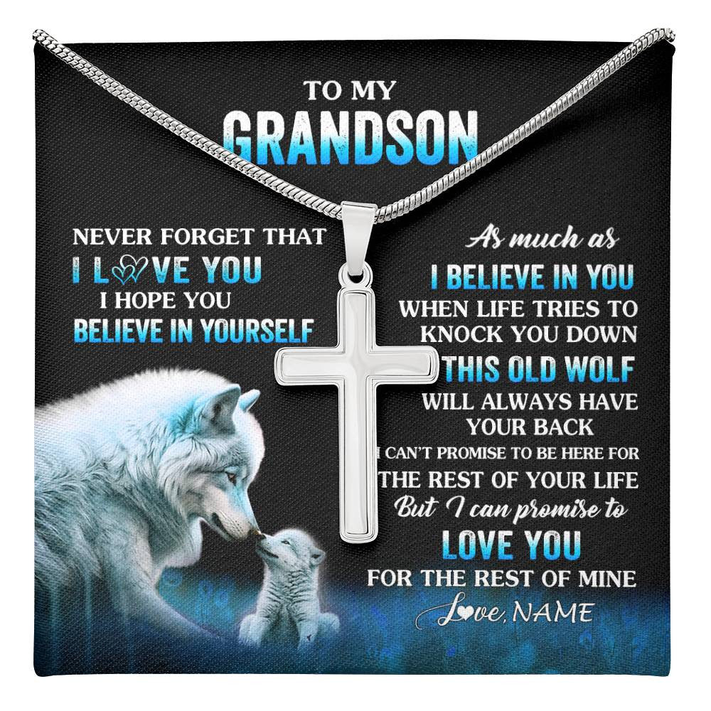 Stainless Cross Necklace Stainless Steel | 1 | Personalized To My Grandson Necklace From Grandma Grandpa This Old Wolf Love Grandson Birthday Gifts Graduation Christmas Customized Gift Box Message Card | teecentury